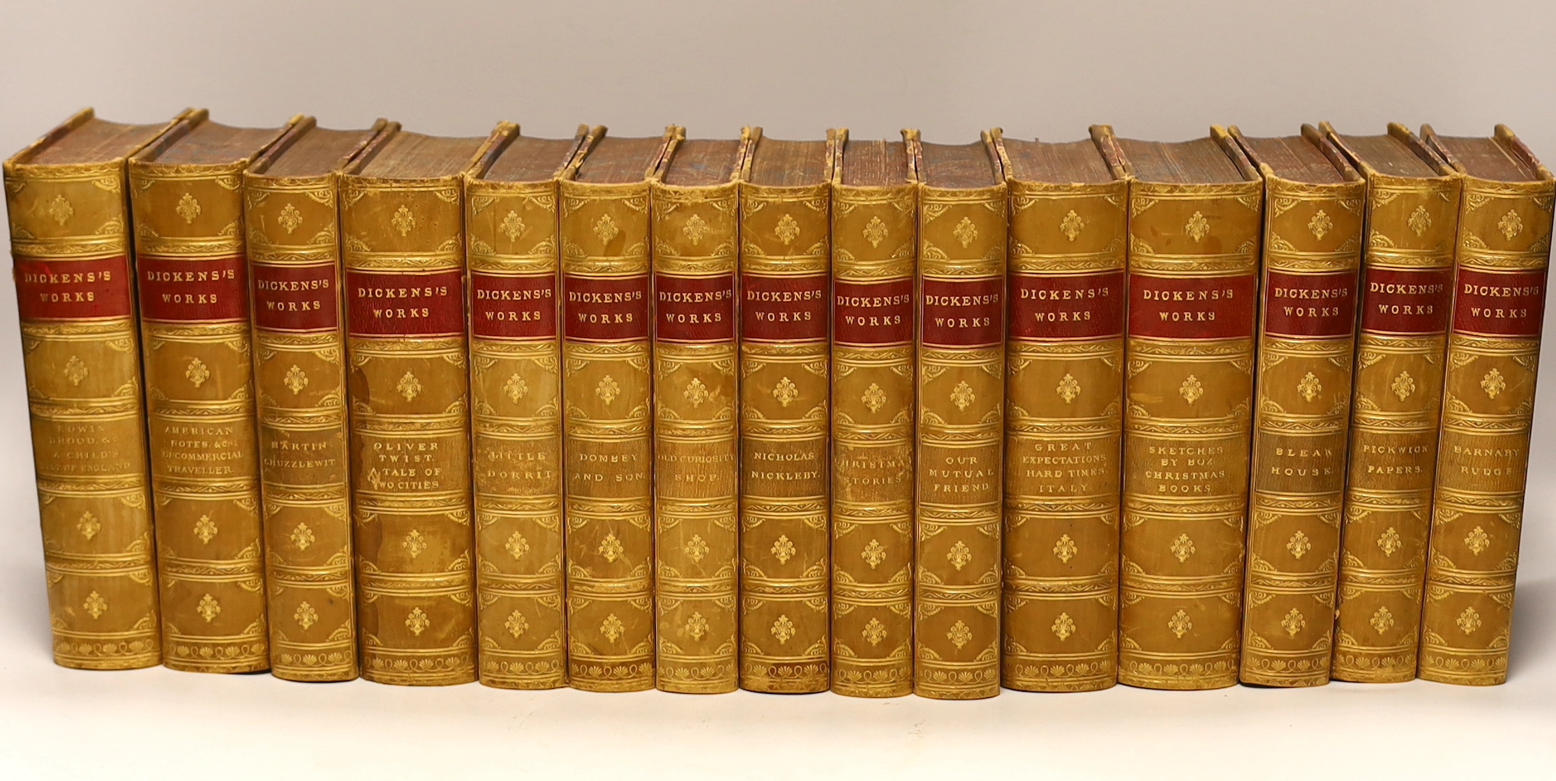 Dickens, Charles - (Collected Edition), 15 vols. (only, ex16). with the original illustrations; contemp. half calf and marbled boards, gilt decorated panelled spines with red labels, marbled edges and e/ps., cr. 8vo. Cha